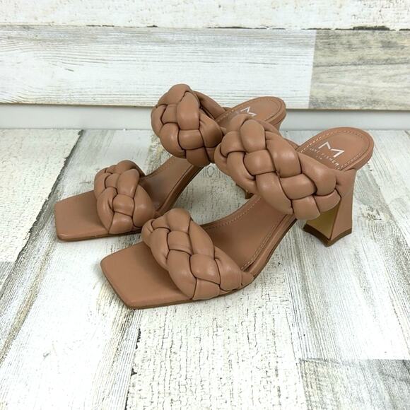 Marc Fisher Women’s 6 Tan Braided Faux Leather Square Heeled Slip-ON Sandals NEW - Picture 1 of 10